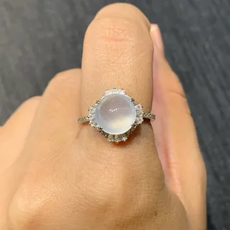 High-Icy Glowing Natural Jadeite Cabochon Ring — S925 Silver · No. B84B