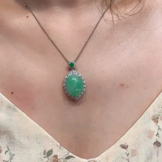 Icy Green-Mottled Natural Jadeite Cabochon Pendant — S925 Silver · No. D94B
