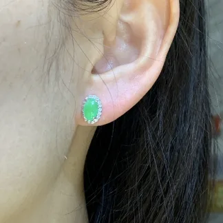 Icy Fresh Vivid Green Natural Jadeite Cabochon Stud Earrings — S925 Silver · No. EA57