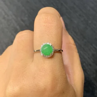 Icy Vivid Green Natural Jadeite Cabochon Ring — S925 Silver · No. 7913
