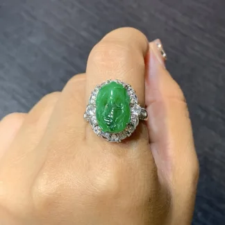 Vivid Green Pixiu Natural Jadeite Cabochon Ring — S925 Silver · No. D561