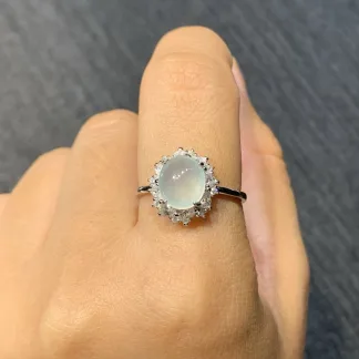 High-Icy Glowing Natural Jadeite Cabochon Ring — S925 Silver · No. 9660