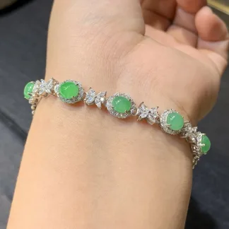 Icy Soft Vivid Green Natural Jadeite Cabochon Bracelet — S925 Silver · No. C11C