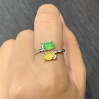 High-Icy Yellow and Green Natural Jadeite Cabochon Ring — S925 Silver · No. 955F