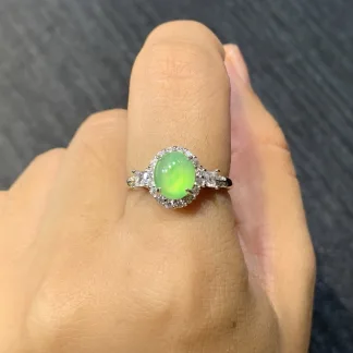 High-Icy Glowing Green Natural Jadeite Cabochon Ring — S925 Silver · No. 9817