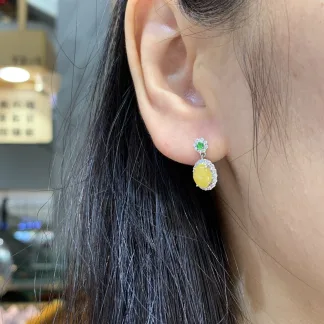 High-Icy Honey Yellow Natural Jadeite Cabochon Drop Earrings — S925 Silver · No. 8266