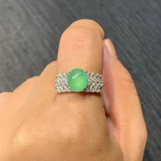 High-Icy Clear Green Natural Jadeite Cabochon Ring — S925 Silver · No. 7B31
