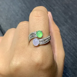 Icy Lavender and Green Natural Jadeite Cabochon Ring — S925 Silver · No. B5A0