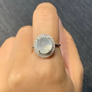 High-Icy Glowing Natural Jadeite Cabochon Ring — S925 Silver · No. 6041