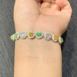 High-Icy Multicolor Natural Jadeite Cabochon Bracelet — S925 Silver · No. 5BF4
