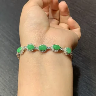 Vivid Green Natural Jadeite Cabochon Bracelet — S925 Silver · No. 1994