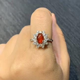 High-Icy Russet Red Natural Jadeite Cabochon Ring — S925 Silver · No. 9067