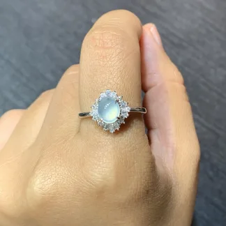 Icy White Natural Jadeite Cabochon Ring — S925 Silver · No. B792