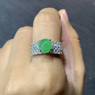 Icy Vivid Green Natural Jadeite Cabochon Ring — S925 Silver · No. 1003