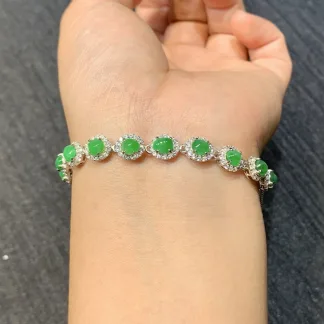 Icy Vivid Green Natural Jadeite Cabochon Bracelet — S925 Silver · No. 4CEF