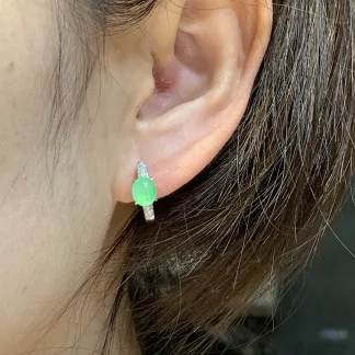 High-Icy Glowing Green Natural Jadeite Cabochon Huggie Earrings — S925 Silver · No. 8358