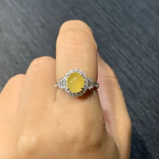 High-Icy Honey Yellow Natural Jadeite Cabochon Ring — S925 Silver · No. E7E6
