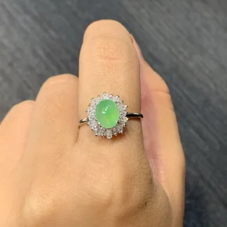High-Icy Clear Green Natural Jadeite Cabochon Ring — S925 Silver · No. DEAA
