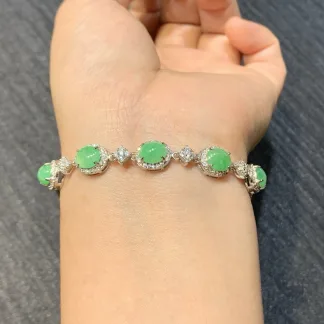 Icy Vivid Green Natural Jadeite Cabochon Bracelet — S925 Silver · No. 8DFD