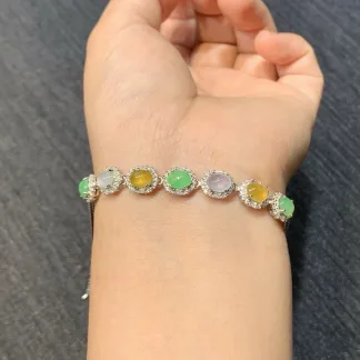 High-Icy Multicolor Natural Jadeite Cabochon Bracelet — S925 Silver · No. DCB3