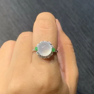 High-Icy Glowing Natural Jadeite Cabochon Ring — S925 Silver · No. C3B6