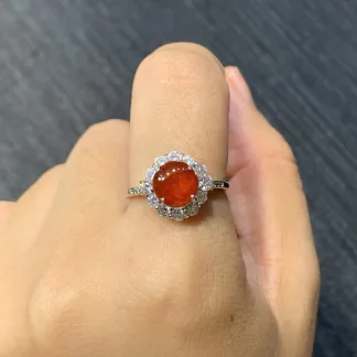 Icy Russet Red Natural Jadeite Cabochon Ring — S925 Silver · No. A8A8