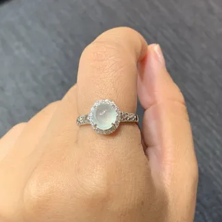 High-Icy Glowing Natural Jadeite Cabochon Ring — S925 Silver · No. C20F
