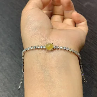 High-Icy Honey Yellow Natural Jadeite Cabochon Bracelet — S925 Silver · No. A6F1