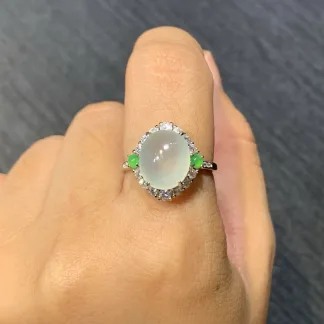 High-Icy Glowing Clear Natural Jadeite Cabochon Ring — S925 Silver · No. 6C2F