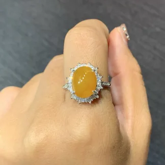 High-Icy Honey Yellow Natural Jadeite Cabochon Ring — S925 Silver · No. 8CAF