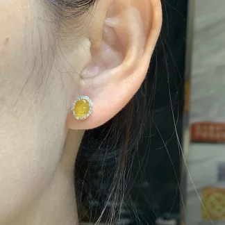 High-Icy Honey Yellow Natural Jadeite Cabochon Stud Earrings — S925 Silver · No. 4033