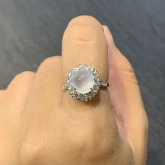High-Icy Glowing Natural Jadeite Cabochon Ring — S925 Silver · No. F215
