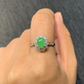 Icy Vivid Green Natural Jadeite Cabochon Ring — S925 Silver · No. 6B3A