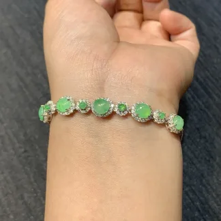 Icy Soft Fresh Green Natural Jadeite Cabochon Bracelet — S925 Silver · No. D0C6