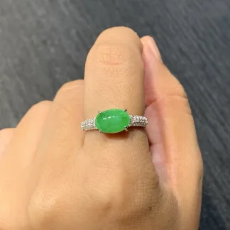 Icy Vivid Green Natural Jadeite Cabochon Ring — S925 Silver · No. EBF0