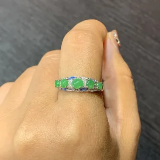 Icy Vivid Green Natural Jadeite Multi-Stone Cabochon Band — S925 Silver · No. 276D