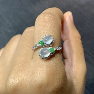 High-Icy Glowing Natural Jadeite Twin Cabochon Ring — S925 Silver · No. DCCB