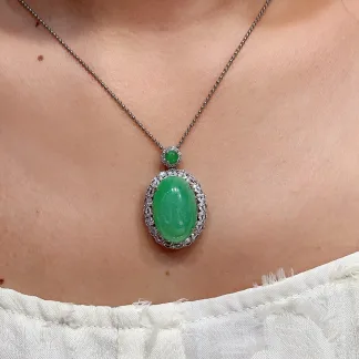 High-Icy Vivid Green Natural Jadeite Cabochon Pendant — S925 Silver · No. DE84