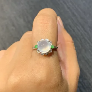 High-Icy Glowing Natural Jadeite Cabochon Ring — S925 Silver · No. 7AAF