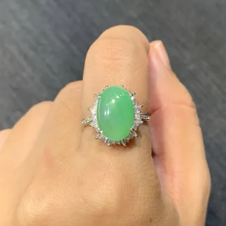 Icy Vivid Green Natural Jadeite Cabochon Ring — S925 Silver · No. 8ECD