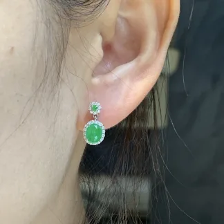 Icy Vivid Green Natural Jadeite Cabochon Drop Earrings — S925 Silver · No. 537F