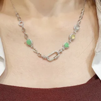 High-Icy Multicolor Natural Jadeite Cabochon Necklace — S925 Silver · No. 2686