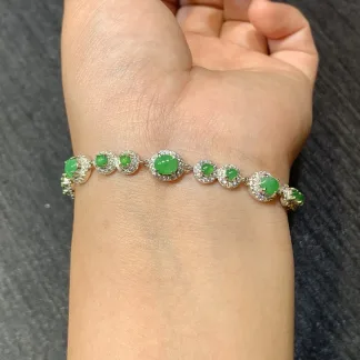 Vivid Green Natural Jadeite Cabochon Bracelet — S925 Silver · No. 23E3