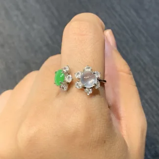 High-Icy Glassy White and Green Natural Jadeite Cabochon Ring — S925 Silver · No. 8B50
