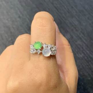 High-Icy White and Green Natural Jadeite Cabochon Ring — S925 Silver · No. 1C30