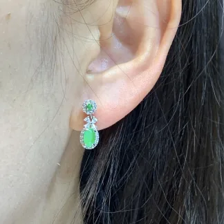 Icy Soft Green Natural Jadeite Cabochon Drop Earrings — S925 Silver · No. 4B76