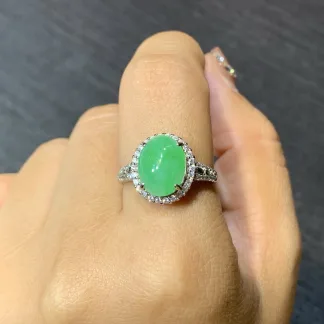 Icy Vivid Green Natural Jadeite Cabochon Ring — S925 Silver · No. 9D39