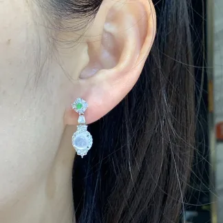 Icy Glowing Natural Jadeite Cabochon Drop Earrings — S925 Silver · No. B7BD