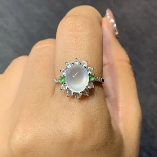 High-Icy Glowing Natural Jadeite Cabochon Ring — S925 Silver · No. 92DC