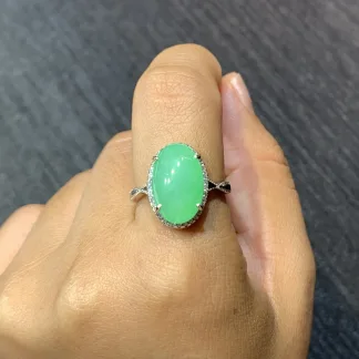 Icy Vivid Green Natural Jadeite Cabochon Ring — S925 Silver · No. B5CC